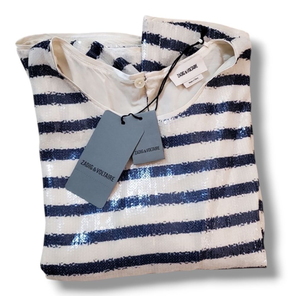 Zadig & Voltaire Tchao Sequin Striped Nautical Short Sleeve Top - Picture 7 of 12